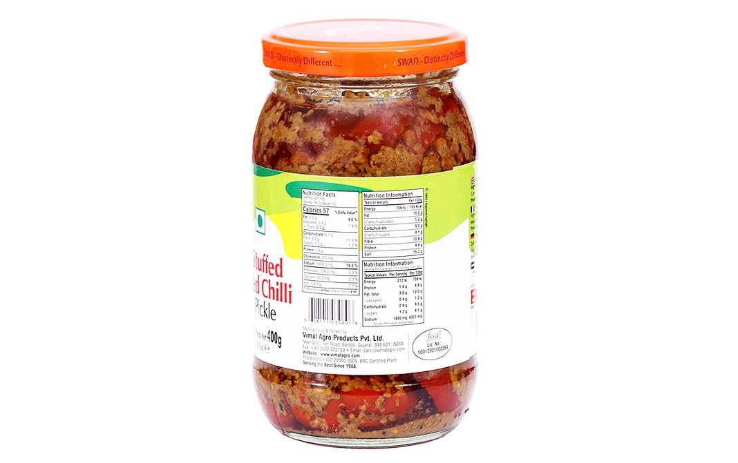 Swad Stuffed Red Chilli Pickle   Glass Jar  400 grams